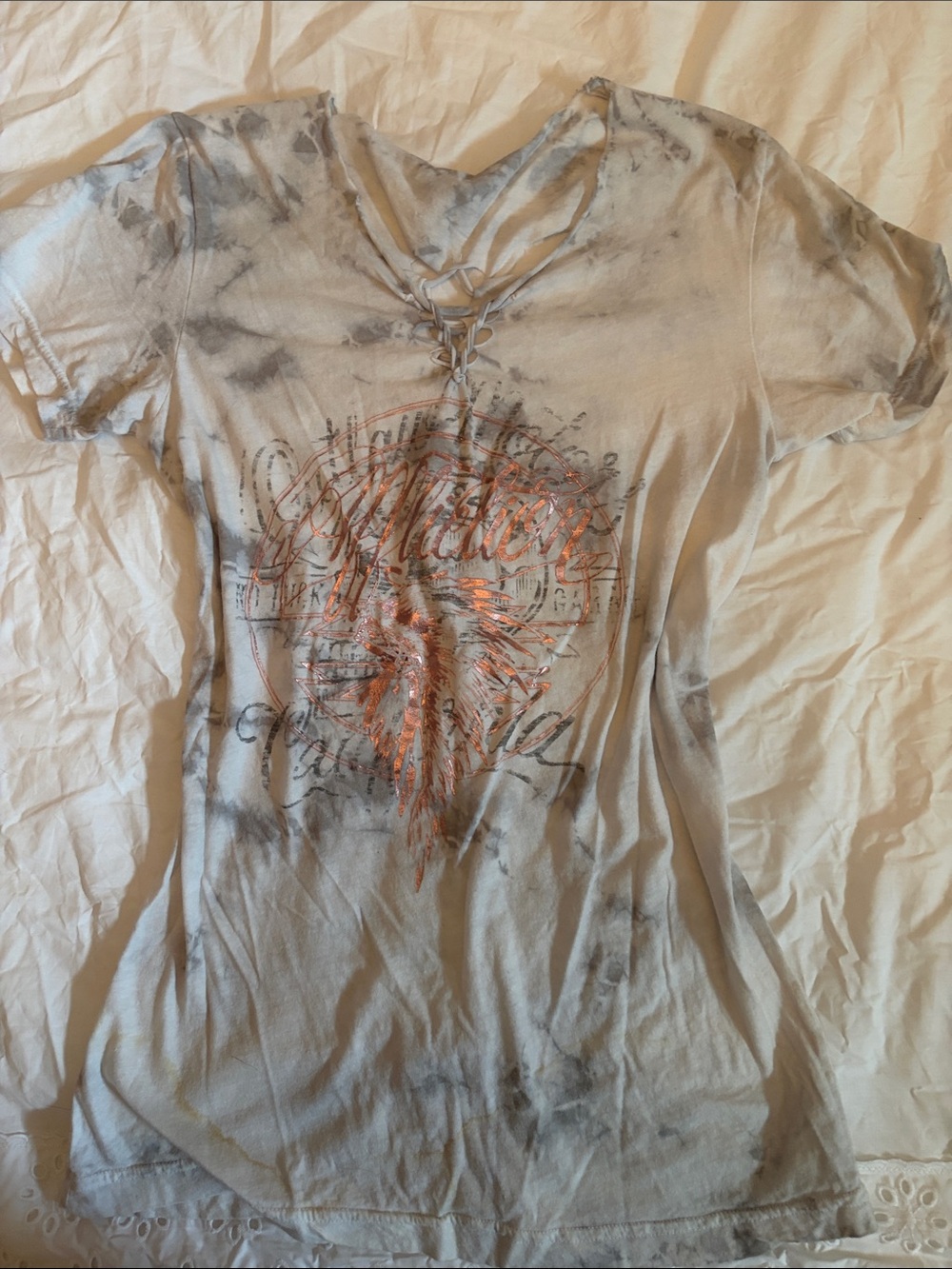 Affliction Women's Gray Tie-Dye Top with Metallic Copper Graphic